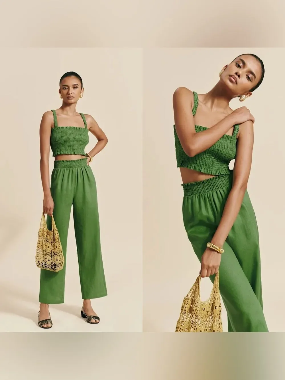 NWT REFORMATION Vera Linen two piece pant set in “avocado” green